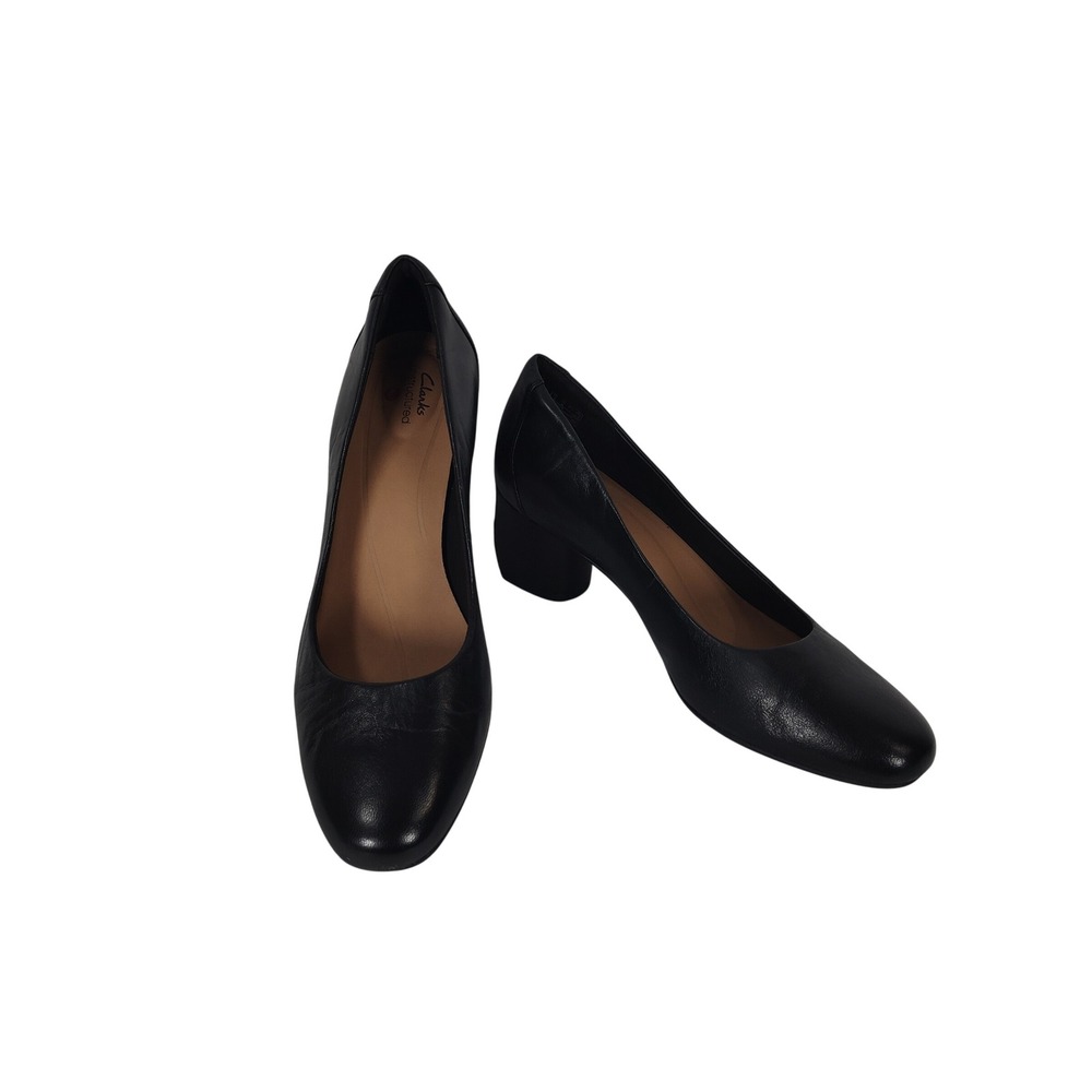 Clarks Unstructured Black Leather Block Heel Round Toe Pumps Womens 10 26151716